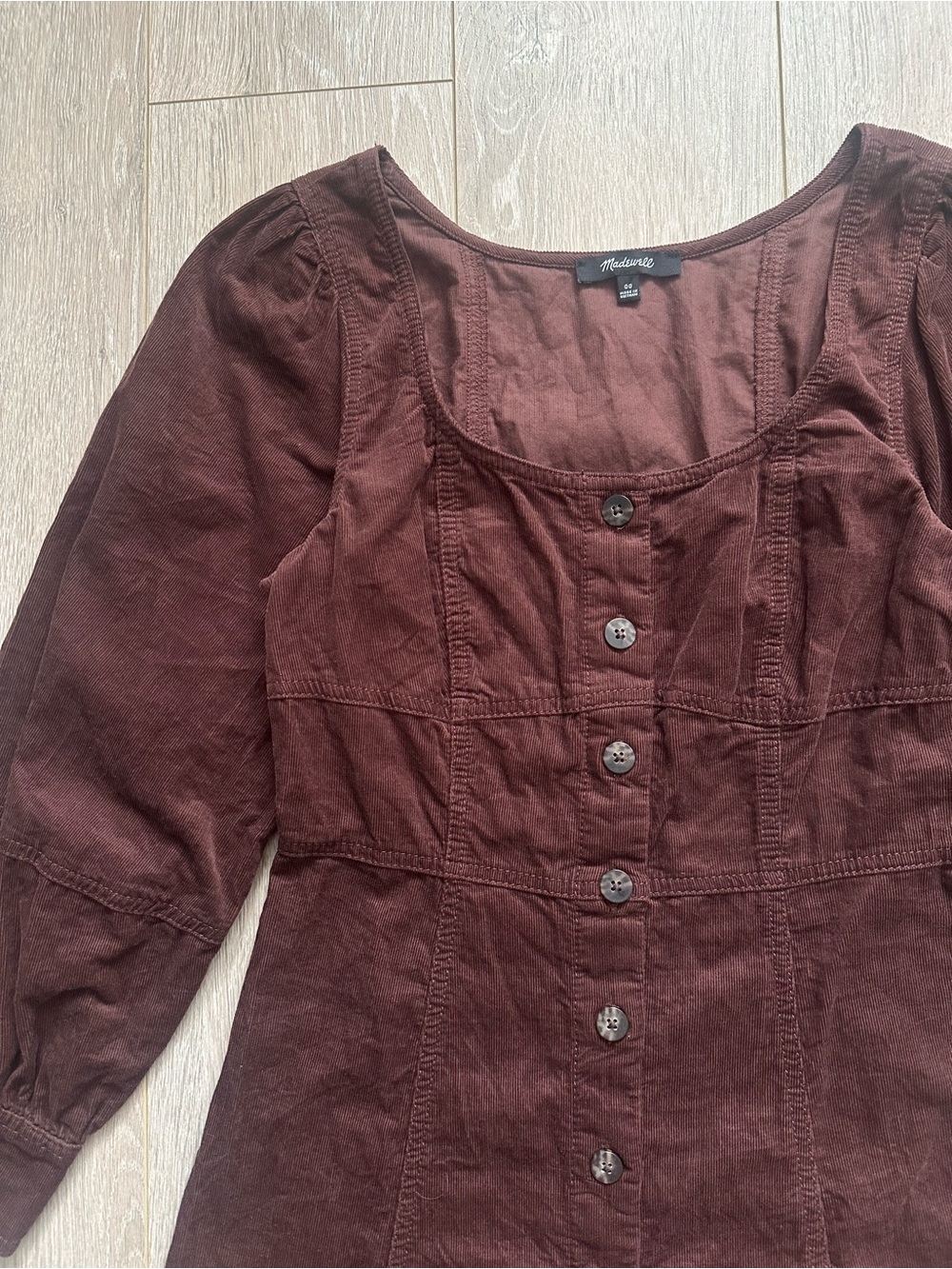 Madewell Dress Corduroy Seamed Long-Sleeve Mini Button Front Western Brown Sz 00 - Picture 5 of 13